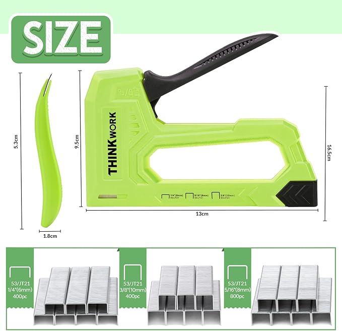 THINKWORK Light Duty Staple Gun - Upholstery Staple Gun for Wood with 1600pcs JT21 Staples 1/4", 5/16", 3/8" and Staple Remover, Fabric Stapler Gun for Crafts, Home Use, Wall, DIY, Lights Decor, Green