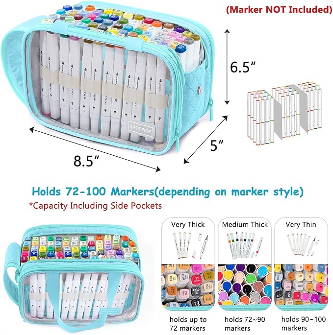 Marker Organizer Case – Holds 72-96Markers | Portable Art Marker Storage Bag with Clear View Panels & Removable Dividers | Marker Holder for Alcohol Markers, Pens, Craft Supplies(Case Only)