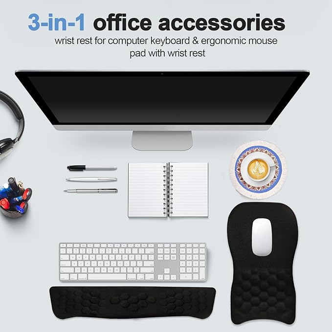 3-in-1 Ergonomic Mouse Pad with Wrist Rest & Keyboard Wrist Rest, Memory Foam Support with Massage Bumps, Anti-Slip Base, Comfort Wrist Support for Relieve Wrist Pain Office, Gaming (Black)