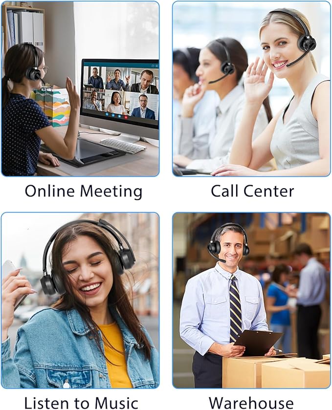 Blue Air Wireless Headset with Mic for Work, Bluetooth 5.1 Headphones with Noise Canceling Microphone, USB Dongle, 45H Playtime, Clear Calls & Mic Mute for PC, Laptop, Call Center, Teams, Black