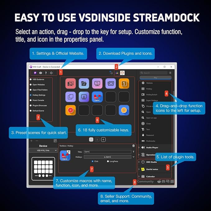 Macro Keypad, Stream Controller Deck Gaming Streaming Shortcut Keyboard, 18 Programmable Keys Customizable Visual AI Pad USB Soundboard for OBS, YouTube, Desk Office Setup, Laptop, PC, Mac
