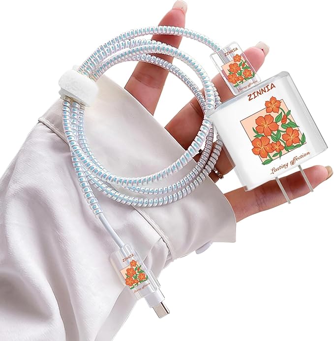 Lovely DIY Cable Protector for iPhone Adapter Charger,Cute Orange Daisy Flowers Design Transparent Data Line Cable Case, Phone Charging Protector for Apple Charger Cover