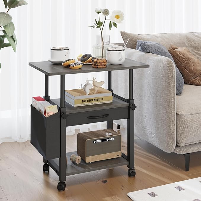 YAOHUOO 22"x15" Large Printer Stand with Drawer and-side Bag, Adjustable 3-Tier Printer Cart for Home Office, Rolling Printer Stand Fit Heat Press/Laser/3D Printer (Grey)