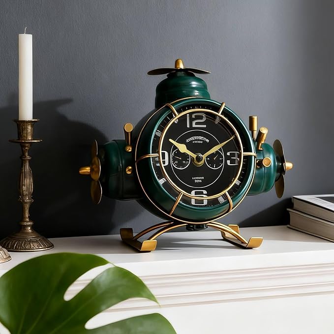 YOUKI Airplane Desk Clocks,Tabletop Decor,Airplane Gifts for Men,Industrial Decor,Shelf Clock for Bedroom Office,Silent No Ticking,Battery Operated,Green,8.6 x 8.4 x 7.5 inches