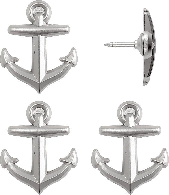 Anchor Push Pins - Silver Metal Anchor Pins - for Cork Board, Maps, or Lapel Pin Use - Designed in USA - Set of 4