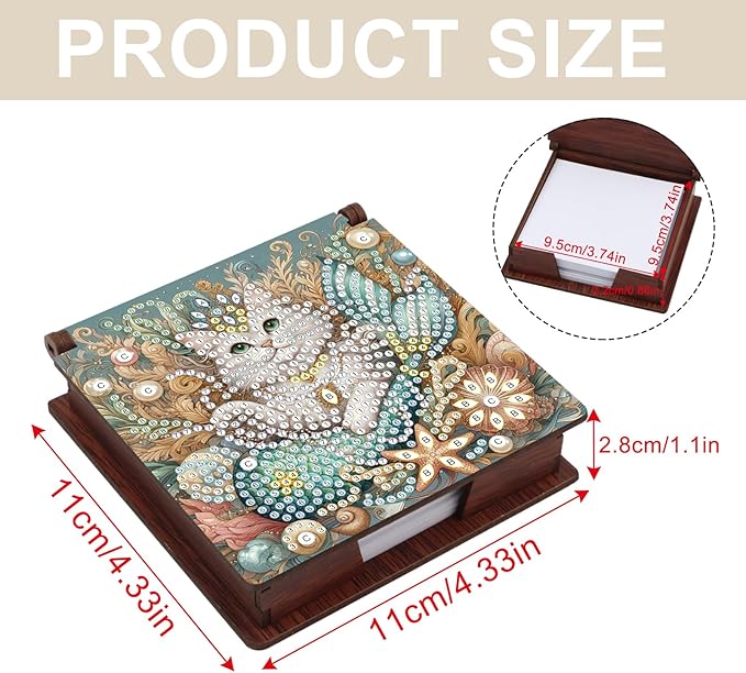 Wooden DIY White Cat Diamond Art Notecard Box – DIY Gem Art Sticky Note Holder for Adults 160 Sheets Memo Pad Storage