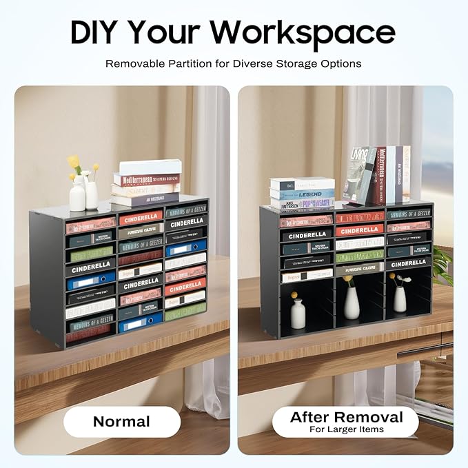 27 Slot Literature Organizer, Vertical Desktop File Sorter Mail Center with Thickened PVC Board, Vertical Paper Storage Cabinet for Classroom, Home & Office (27 Slots Black)