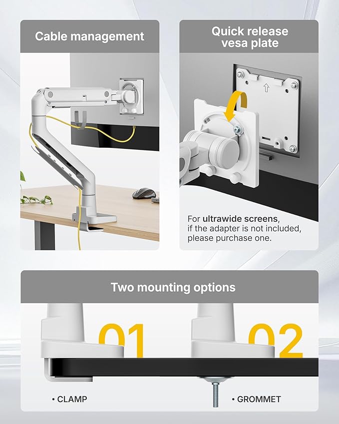 monTEK Heavy-Duty Monitor Arm for 17-57" Ultrawide Curved Screen, Supports up to 59.4 lbs, Adjustable Gas Spring Arm, 75/100 VESA Mount, Clamp & Grommet Desk Monitor Mount Single, White