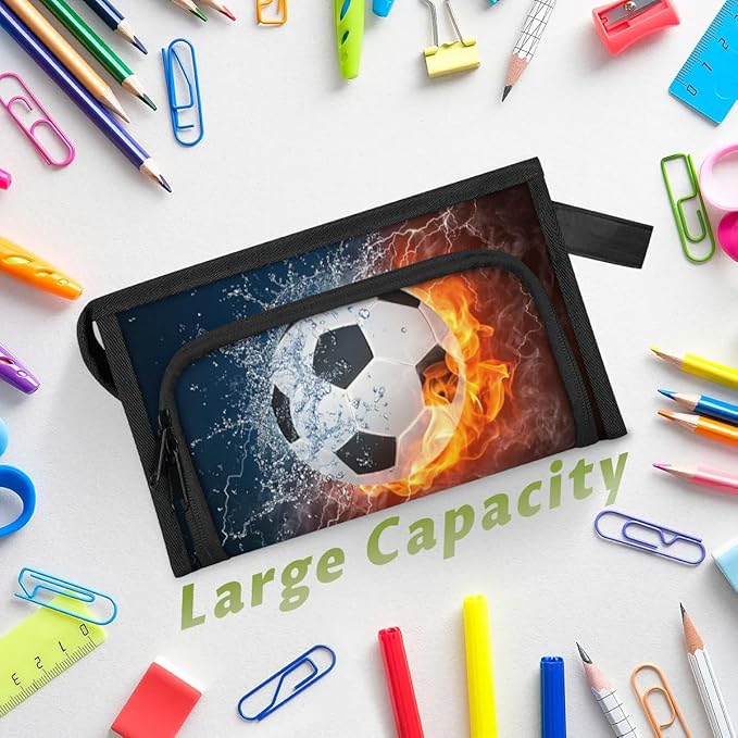 Pardick Large Capacity Pencil Case Pouch, Water Fire Soccer Portable Zipper Pencil Cases Pencil Bag Office Stationery Bag Makeup Bag Desk Organizer for Women Men