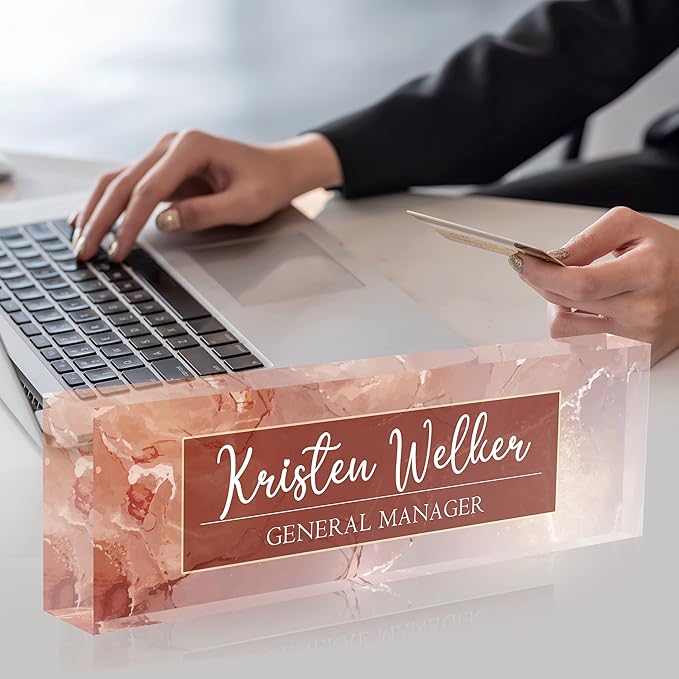 Desk Name Plate Personalized, Premium Pink Marble Acrylic Desk Name Plate, Personalized Name Plate for Desk, Office Decor for Women or Men Coworkers, Boss, Employee, Teacher
