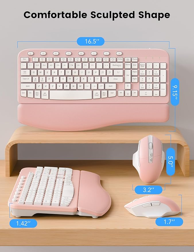 SABLUTE Wireless Keyboard and Mouse Combo, Ergonomic Wave Keys, Cushioned Plam Rest, Comfortable Silent Natural Typing, 2.4G Lag-Free, Full Size Keyboards Cordless Set for Multi-OS, Windows/Mac, Pink