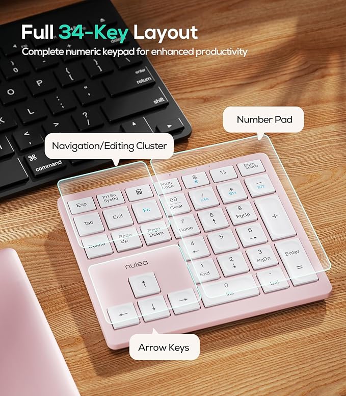 Nulea Wireless Number Pad Bluetooth 5.0 & 2.4G Portable Numeric Keyboard, USB-C Rechargeable, 34-Keys Bluetooth Keyboard for Data Entry (Pink)