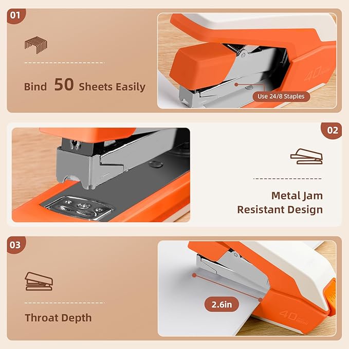 Deli Effortless Desktop Stapler, Heavy Duty Stapler, 40-50 Sheet Capacity, One Finger, No Effort, Includes 1500 Staples & Staple Remover, Orange