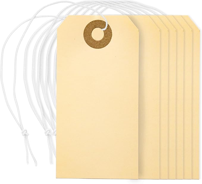 Perco Manila Shipping Tags with Elastic Strings — Small Durable Blank Paper Tags 2¾″ x 1⅜″ — Ideal for Labeling and Inventory Use — Box of 100