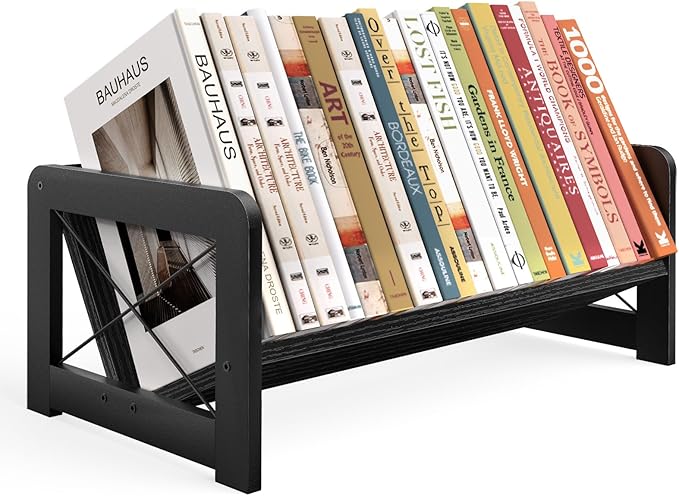 ELITEROO Desk Bookshelf, Small Book Shelf, Wooden Desktop Bookcase, Tilting Table Top Bookshelf for Home Office, for Book Display, Cookbook Storage, Kids Reading, Black