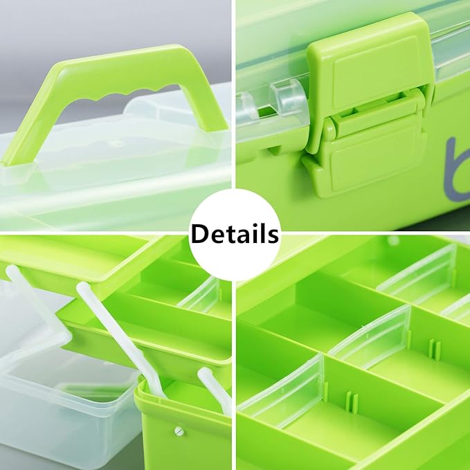 12'' Three-Layer Clear Plastic Storage Box/Tool Box, Multipurpose Organizer and Portable Handled Storage Case for Art Craft and Cosmetic (Green)