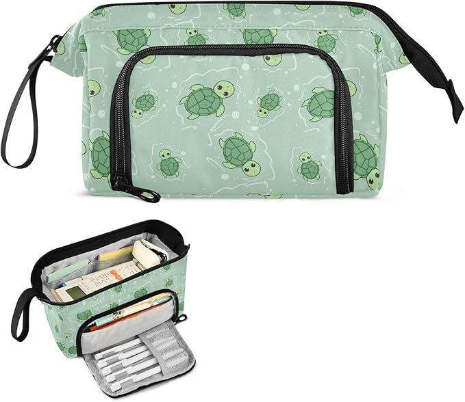 Cute Turtle Green Pencil Case Pouch Big Capacity Pencil Bag Box Organizer Pen Case with Handle Pencil Cases for Girls Boys Women School College Office