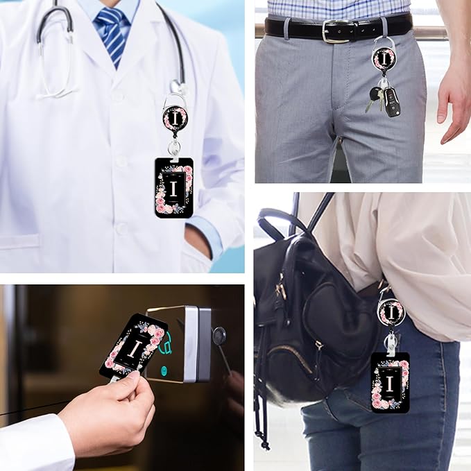 2 Pack A-Z Letter ID Badge Holder with Clip Badge Reels Retractable Heavy Duty,Keychain，ID Holder for School Nurse Office I