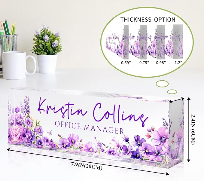Custom Name Plate for Desk, Personalized Desk Name Plate on Clear Acrylic Glass, Appreciation Gifts for Teacher Employee Boss Coworkers Nurse, Office Desk Accessories for Women Men (Eggplant)