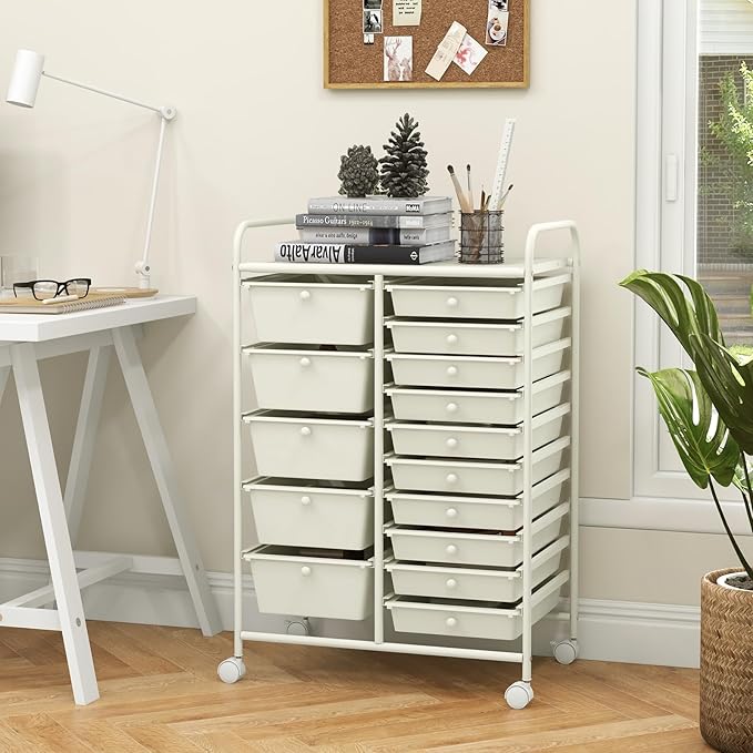 ARLIME 15-Drawer Storage Cart, 15 Drawer Trolley, Rolling Organizer Cart, Scrapbook Paper Organizer, Suitable for Office and School, Rolling Office Storage Tools (White)