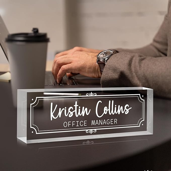 Custom Name Plate for Desk, Personalized Name Plate on Clear Acrylic Glass, Appreciation Gifts for Teacher Employee Boss Coworkers Nurse, Office Desk Accessories for Women Men (Engraved Classic)