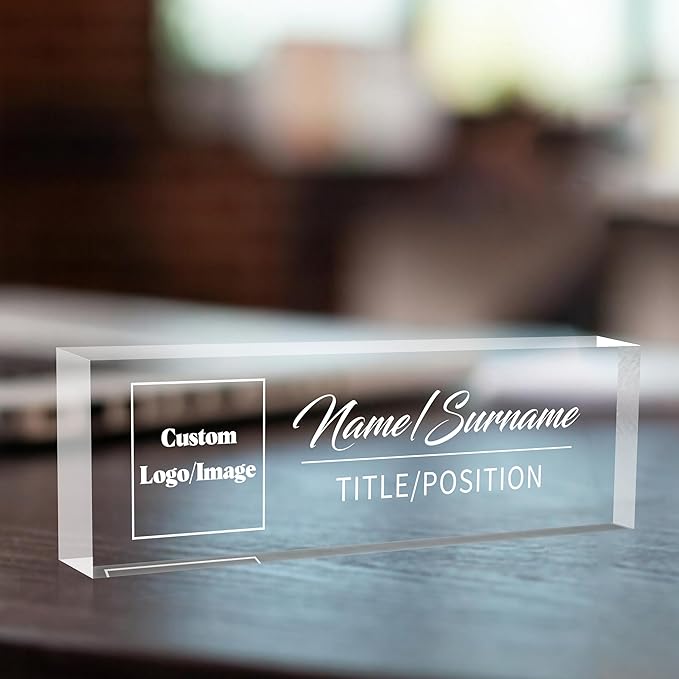 Name Plate for Desk, Custom Logo Desk Name Plate Personalized, Custom Acrylic Name Plate for Office Desk Decor, Employee Appreciation Gifts The Office Gifts for Men and Women with Image and Text