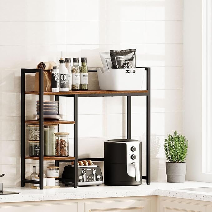 Snughome Desk Shelf, 31.9" Desktop Organizer Shelf, Desk Hutch for Computer Monitor, 4 Tier Desk Top Display Rack, Wood Desktop Bookshelf Storage Rack for Home Office Dorm, Rustic Brown