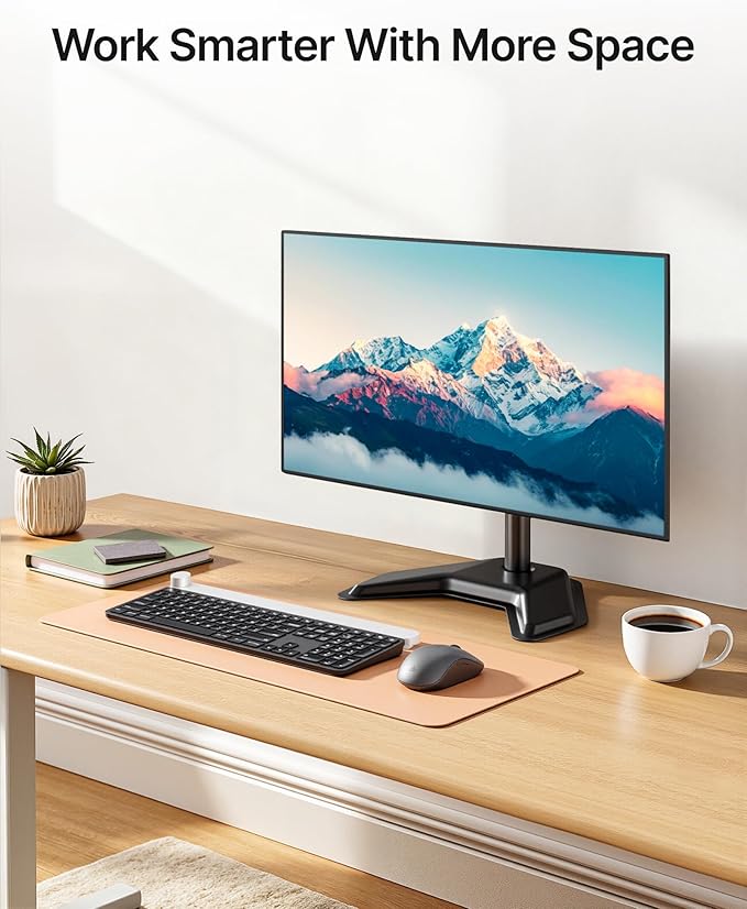 monTEK Stable Single Monitor Stand, Freestanding Monitor Arm for 17 to 32 inch & 22lbs Capacity Screen, Adjustable Height Desk Mount with Swivel and Tilt, VESA 75x75/ 100x100mm