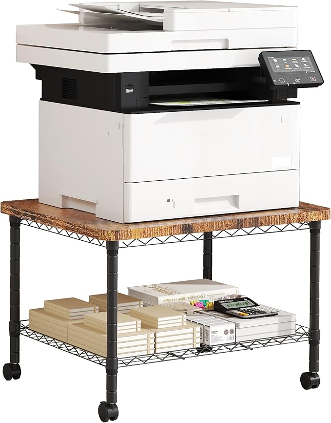 Printer Stand, Under Desk Table, Adjustable Heights 2 Tier Table with Wheels, Industrial Under Desk Heavy-Duty Mobile Cart, Shelf for Small Spaces, Home Office, Rustic Brown