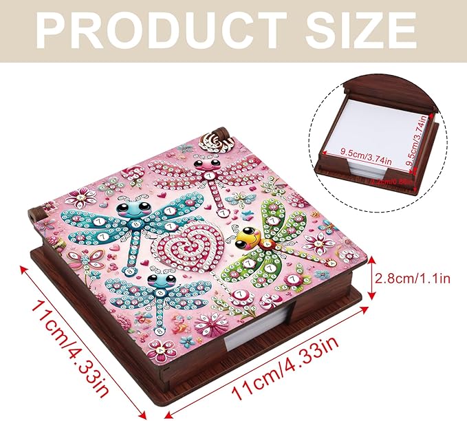 Wooden DIY Dragonfly Diamond Art Notecard Box – DIY Gem Art Sticky Note Holder for Adults 160 Sheets Memo Pad Storage