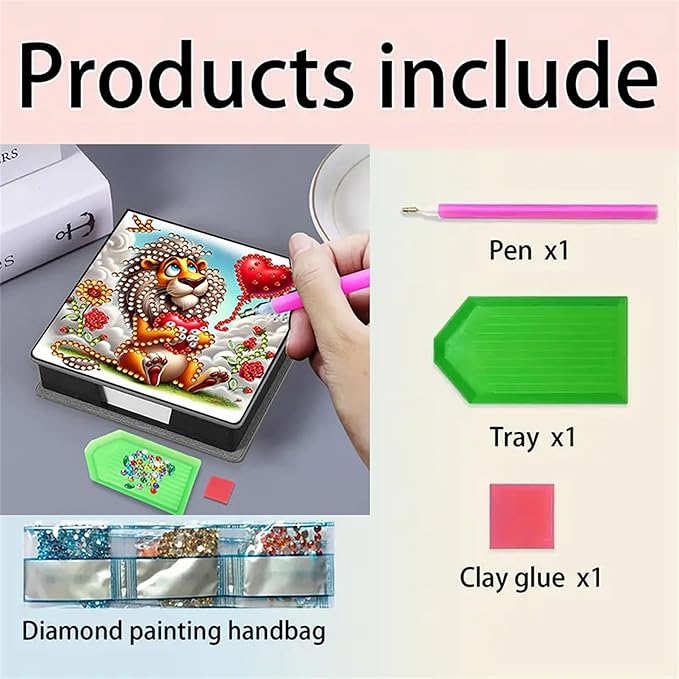 Lion Diamond Painting Note Box Memo Pad Holder,Animal Diamond Art Sticky Notes Organizer for Desk, Aesthetic Stationery Storage Case for Office,School Supplies (Lion)