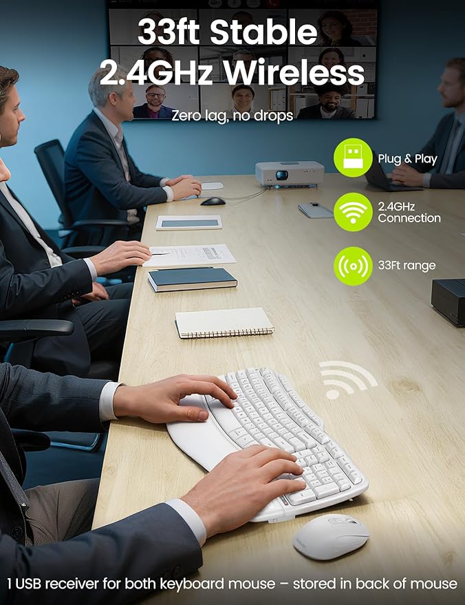 White Ergonomic Wireless Keyboard and Mouse Combo, 2.4G Full Size Ergo Wave Key Board with Cushioned Plam Rest, Natural Typing, 3 DPI Adjustable Silent Mouse for Computer/Laptop/Windows/Mac - Sablute