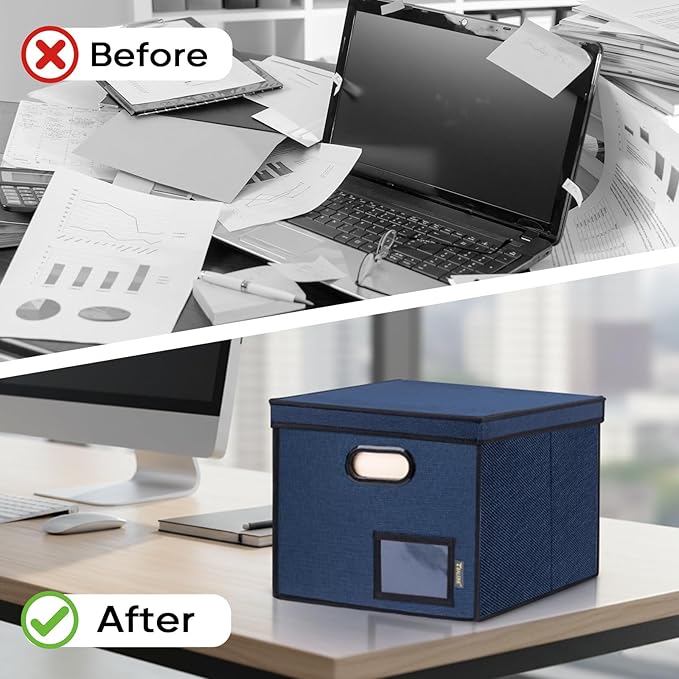 BALEINE File Organizer Box with Lid, Collapsible File Folder Organizer with Plastic Slide, Hanging File Folder Box for Office Document Storage (Tab Friendly, 1 Pack, Blue)