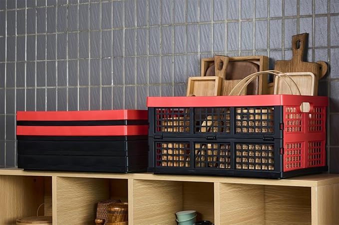 3-Pack Plastic Collapsible Storage Crates-30L,Foldable Plastic Crates for Storage (Black+Red)