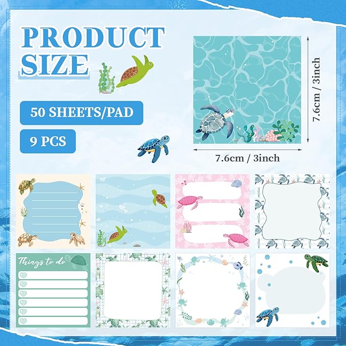 9 Pads Turtle Sticky Notes 3x3 Inch Cute Self Stick Notepads Notes Adhesive Memo Pad Office Decor Gifts for Students School Teacher Meeting Office Supplies