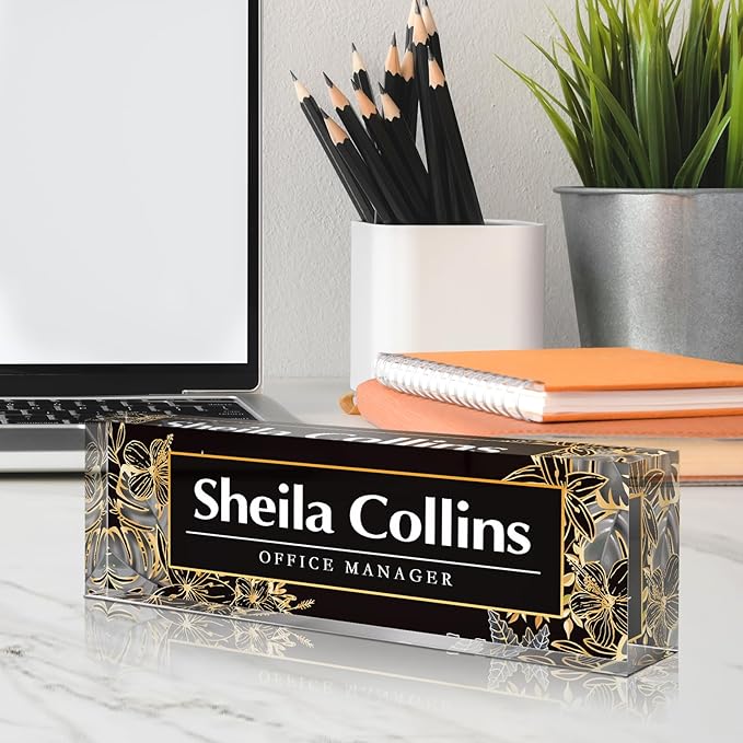 Custom Name Plate for Desk, Employee Appreciation Gifts, Acrylic Desk Name Plate Personalized, Office Decor, Funny Office Gifts for Coworkers Boss Teacher (Gold Flower)