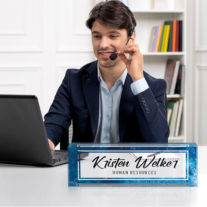 Custom Name Plate for Desk, Desk Name Plate Personalized, Office Decor for Women Men, Acrylic Desktop Accessories, Office Gifts for Coworkers Boss Teacher, Employee Appreciation Gifts (Blue Sea)