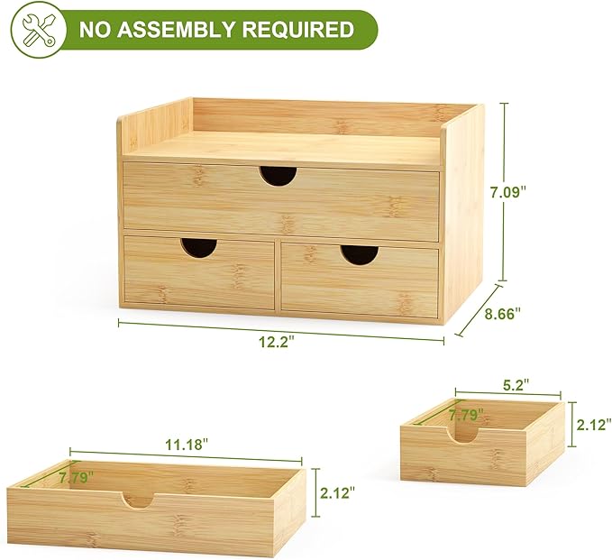 Desk Organizer with Drawers - Bamboo Desktop Organizer Storage | Wood Desk Drawers Organizer for Bills, Office Supplies, Cosmetics, Seals No Assembly Required