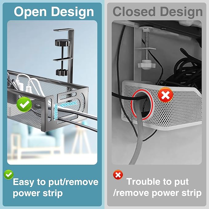 No Drill Under Desk Cable Management Tray, SONATURE 25.3" Cord Organizer for Table, Clamp Mount Desk Cable Management, Premium Carbon Steel Cable Organizer for Office, Home (Black)