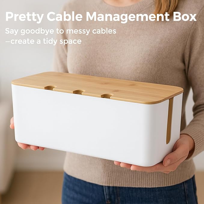 Cable Management Box, Cord Cable Organizer Box with Bamboo Lid, Under Desk Cable Management with 10 Cable Ties and 2 Cable Clip Holders for TV Router Computer USB Hub White