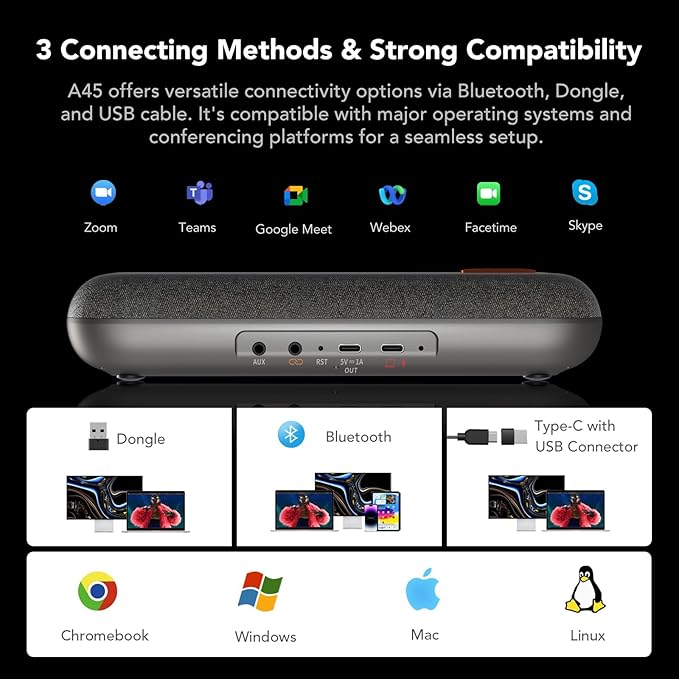 NUROUM A45 Conference Speaker and Microphone, 6 AI Noise Cancelling Mics, 360° 16ft Voice Pickup, Daisy Chain, Bluetooth/USB Speakerphone with Dongle, Compatible with Zoom/Teams/Google Meet
