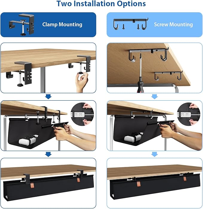 Zilink No Drill Under Desk Cable Management Tray 40" Cord Organizer for Table Clamp/Screw Mount Cable Management Under Desk Waterproof Fabric Cable Management Tray for Office, Home
