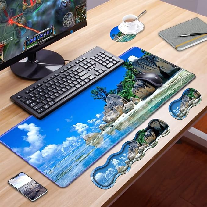 Ergonomic Keyboard Wrist Rest & Mouse Pad Wrist Rest Set, Large XXL Gaming Desk Mat 31.5"x 11.8",Non-Slip Base, Memory Foam,Easy Typing Pain Relief for Office & Home, Beaches Scene France Seychelles