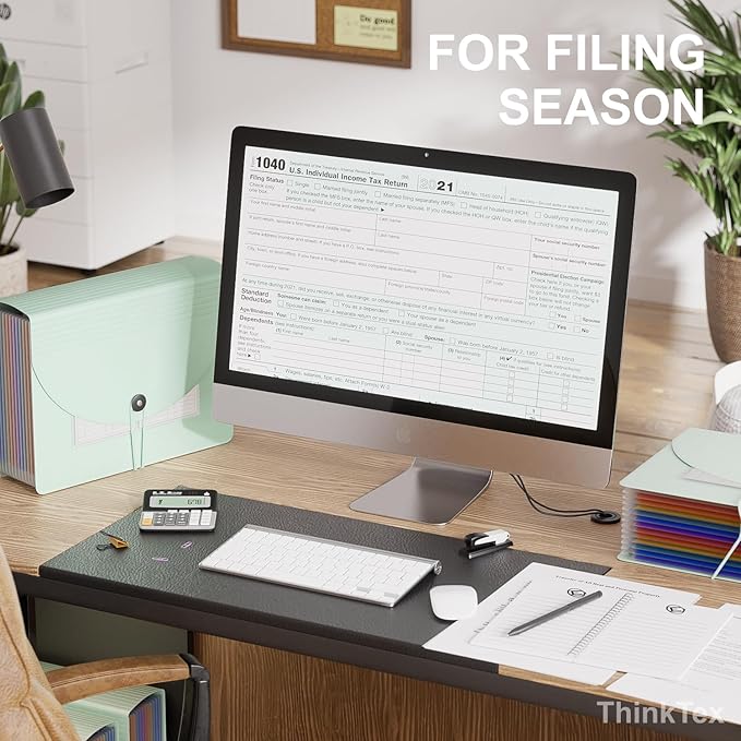 ThinkTex Accordion File Organizer, 12 - Pocket Expanding File Folders for Paper Receipts, Bills&Taxes Organizer, Letter/A4 Size Document Holder for School, Office, Home with tabs-Sage Green