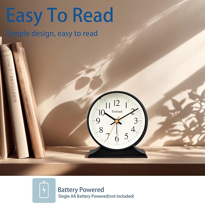 4.5"Retro Analog Alarm Clock,Vintage decor , Super Silent Non Ticking Small Clock with Manual Light, Snooze, Battery Operated, for Bedroom, Living Room, Office,Nightstand, Bedside, Desk ,Table(Black)