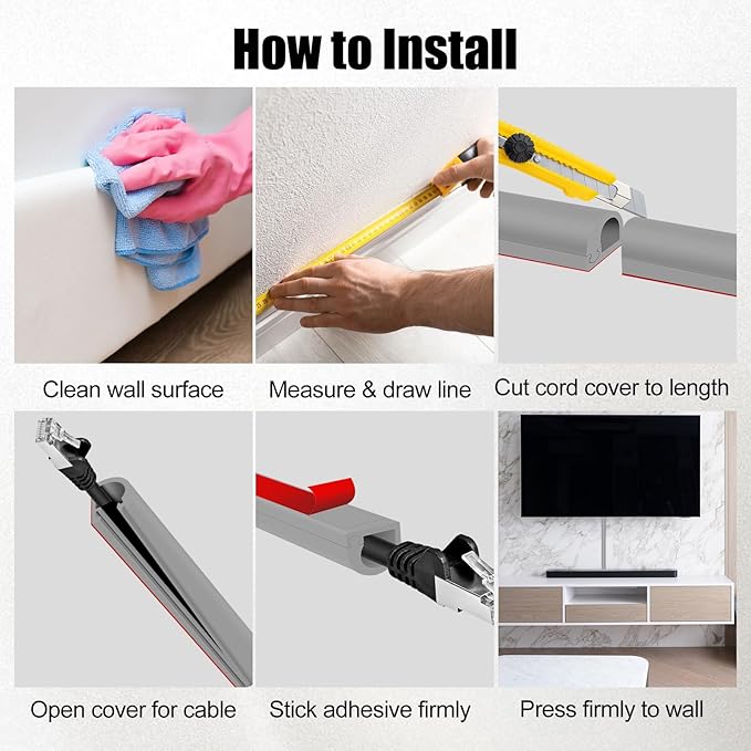 Self-Adhesive Cable Hider, Flexible Wire Cover Cable Raceway for Wires, Wall Mount TV, Home Audio, Network, Power, and Phone Line Managemen (Gray, 157inch)