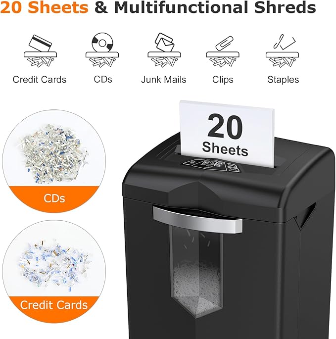 Bonsaii Heavy Duty Paper Shredder, 20 Sheet 40 Mins Large Office Crosscut Shredder for Commercial Use, Anti-Jam System & P-4 High Security Supports CD/Credit Cards/Staples, 7 Gal Pullout Bin C144-D