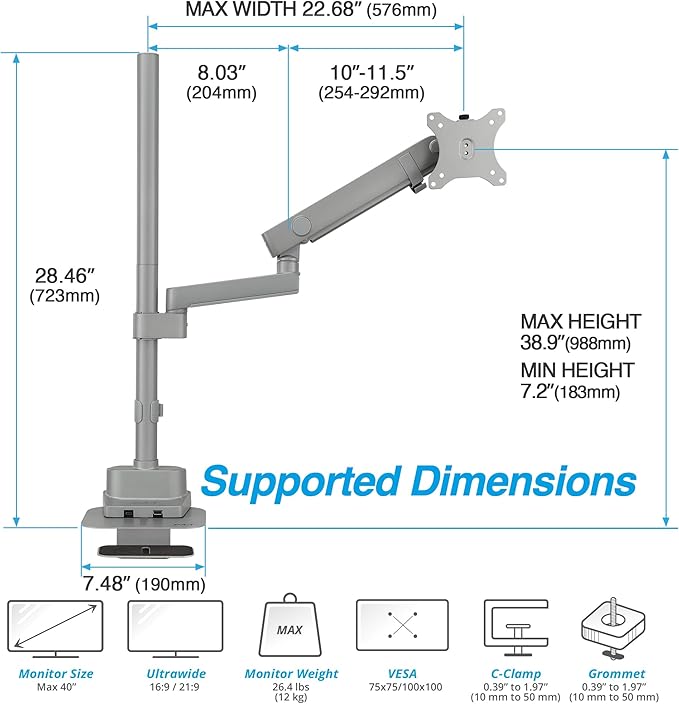 AVLT Single 40 Inch Monitor Arm Pole Top Mount with USB-C USB-A Ports-Gray, Supports 26.4 lbs (12kg), Ultrawide Screen fit, VESA Compatible, Tilt, Swivel, Rotate, Ergonomic Adjustable Height, Durable