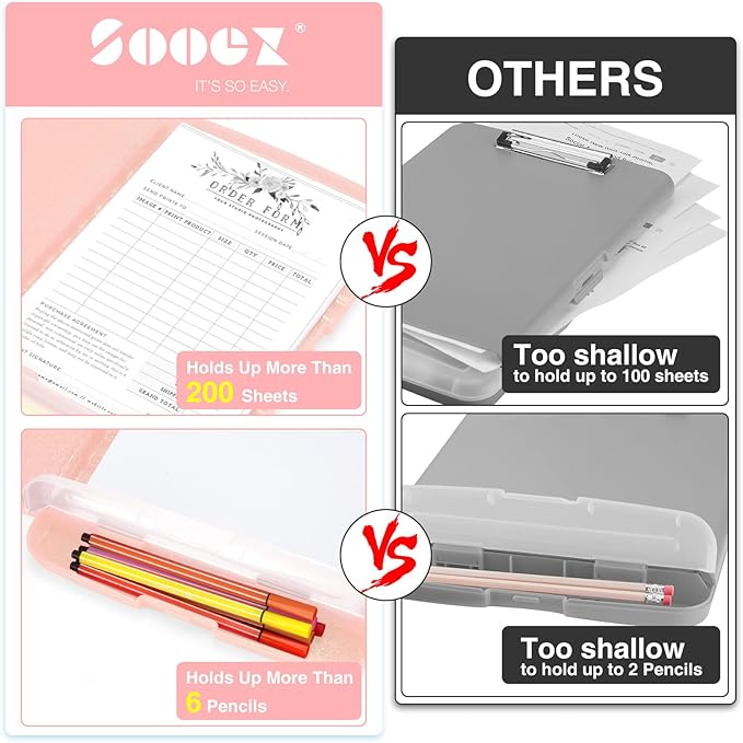 Sooez Glitter Clipboard with Storage, High Capacity Clip Boards 8.5x11 with Pen Holder, Cute Clipboards with Low Profile Clip, Sparkle Plastic Organizer Case Box for Women & Kids, Side Opening