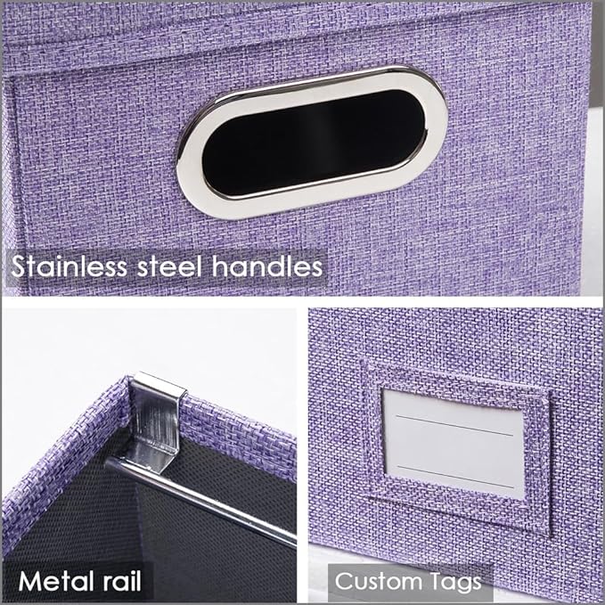PRANDOM File Organizer Box - Set of 1 Collapsible Decorative Linen Filing Storage Hanging File Folders with Lids Office Cabinet Letter Size Purple (14x9.3x10.8 inch)